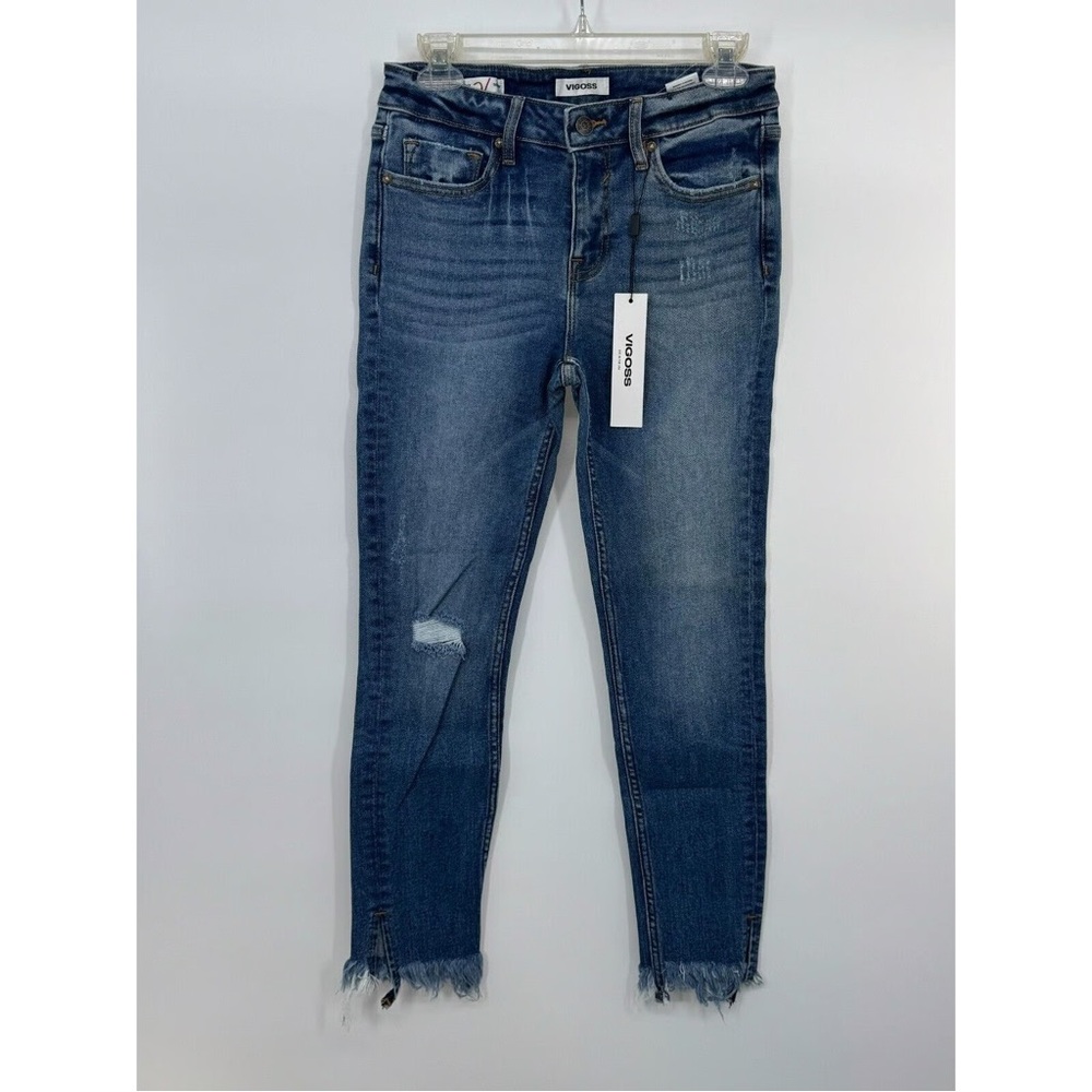 Vigoss Jeans Marley Skinny Blue Distressed Medium Wash Cropped Raw Hem 30x26 NWT